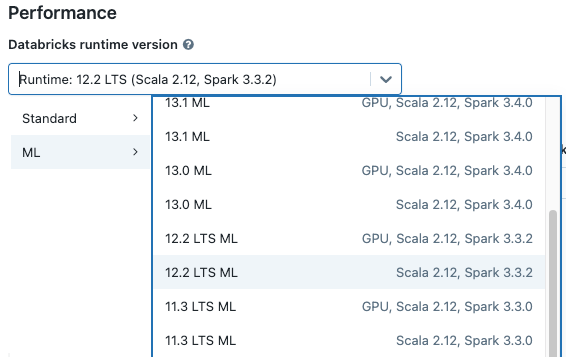 選擇Databricks Runtime ML