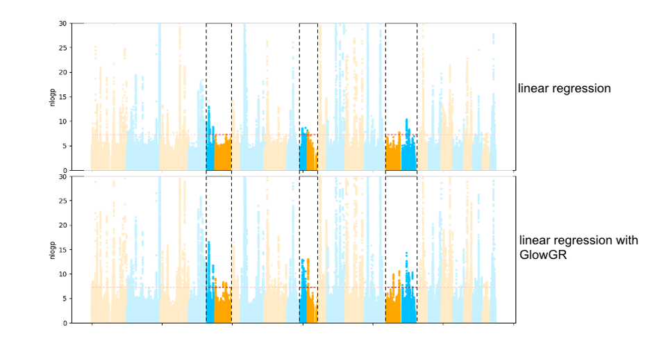 例子情節展示GlowGR提供的收益在GWAS線性回歸。