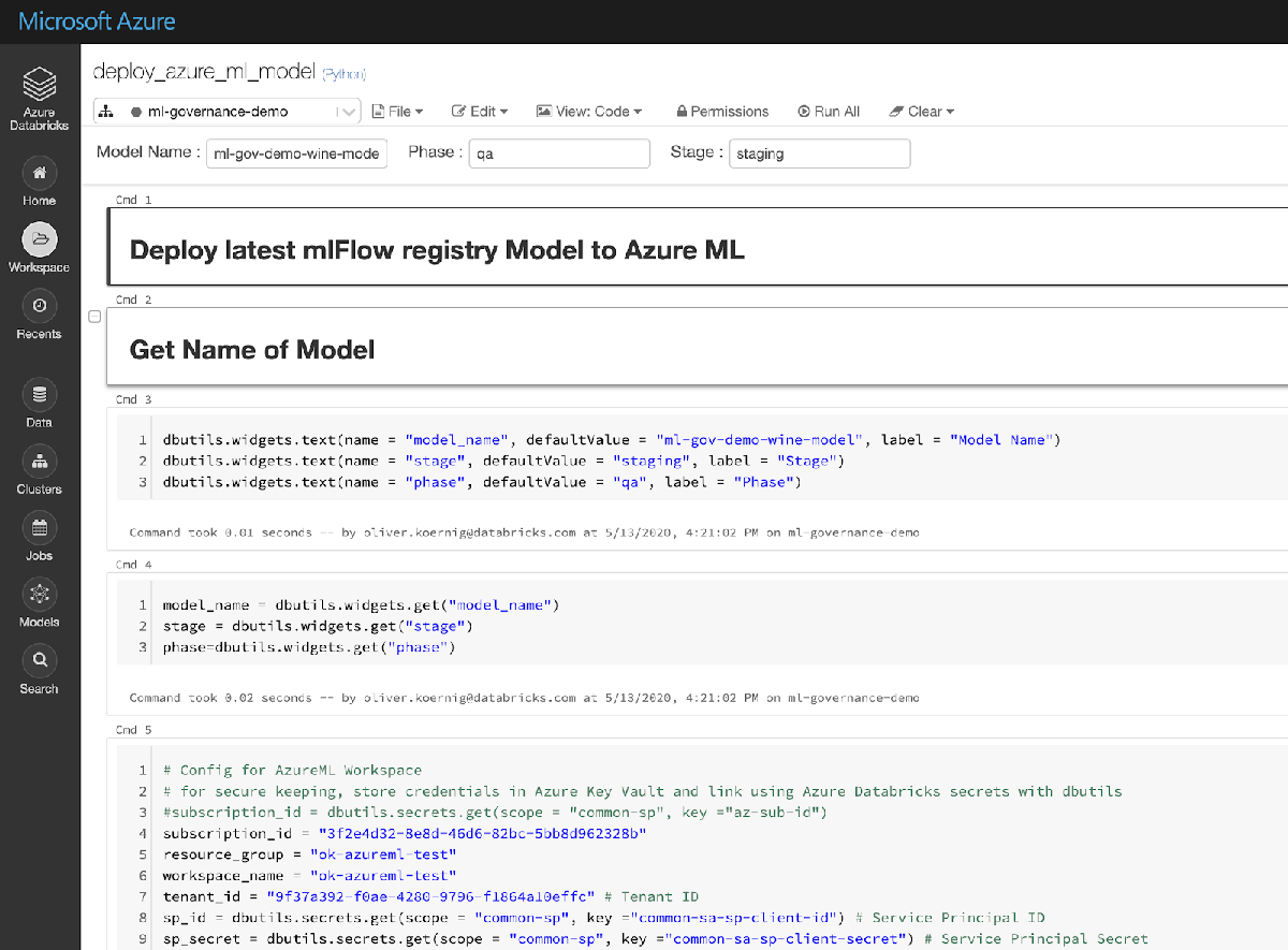 樣本Azure磚與代碼片段在Azure毫升部署模型使用MLflow庫。