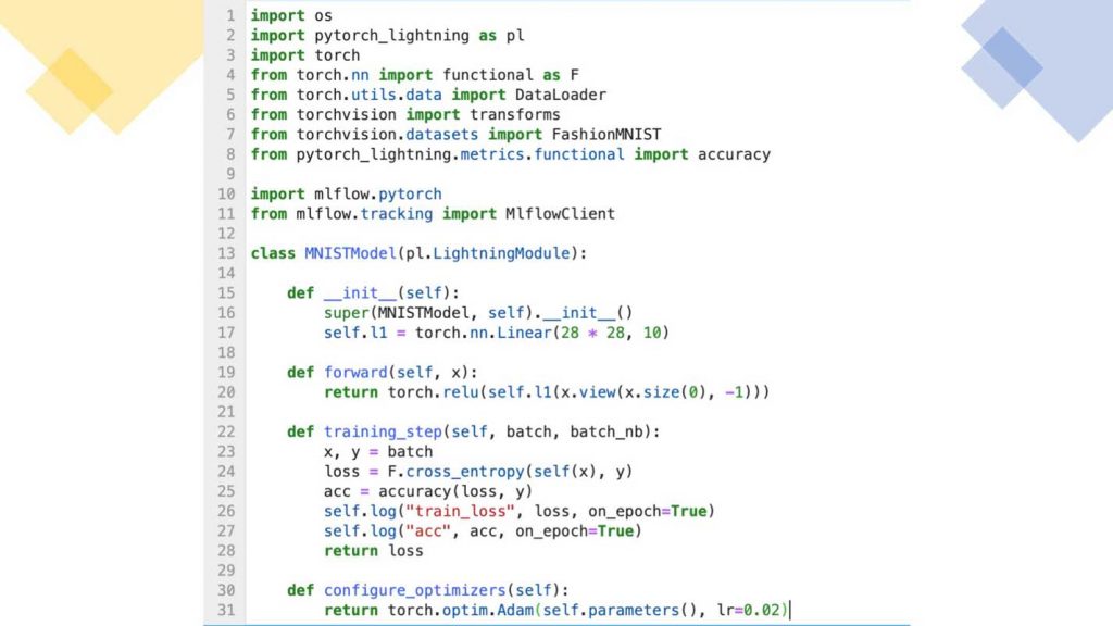 PyTorch閃電FashionMNIST實例培訓隻是一個循環步驟,演示了如何使用MLflow autolog MLflow實體,細讀MLflow UI和登記,或部署模型。